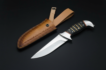 Knife front view with sheath on black background