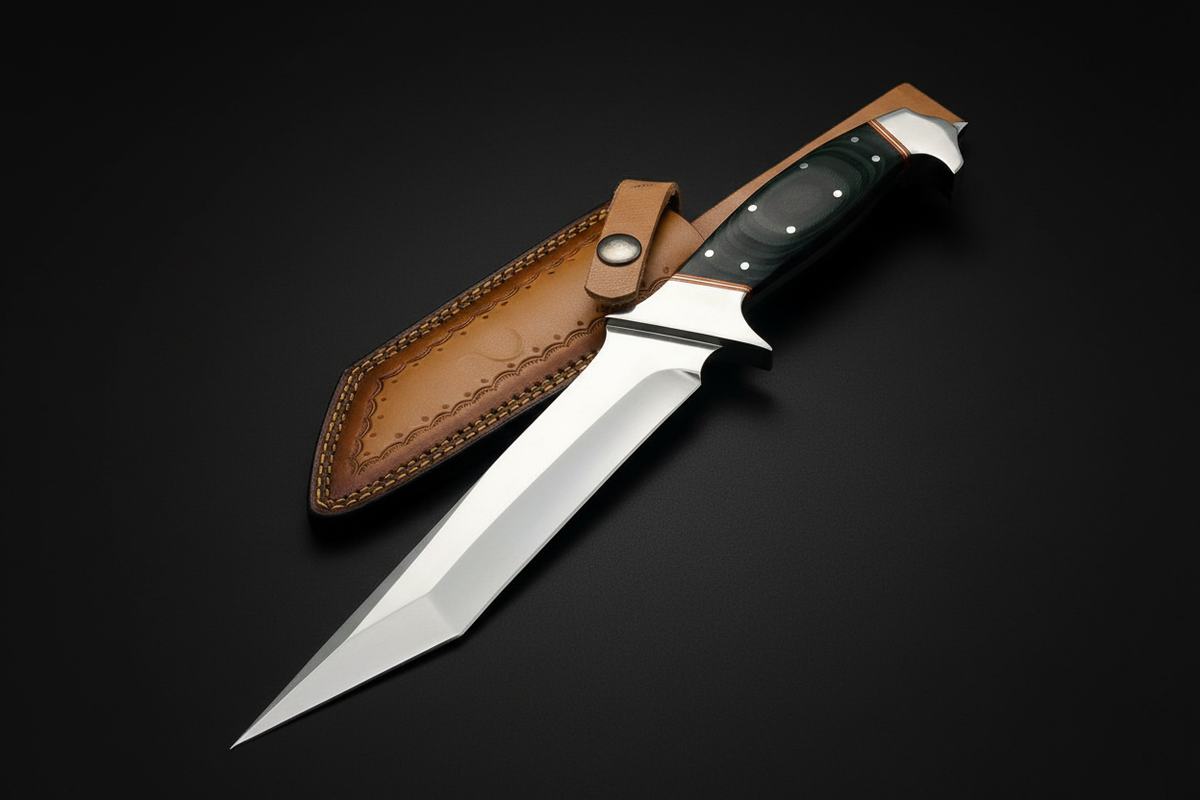 Knife with clip-point blade on dark matte background