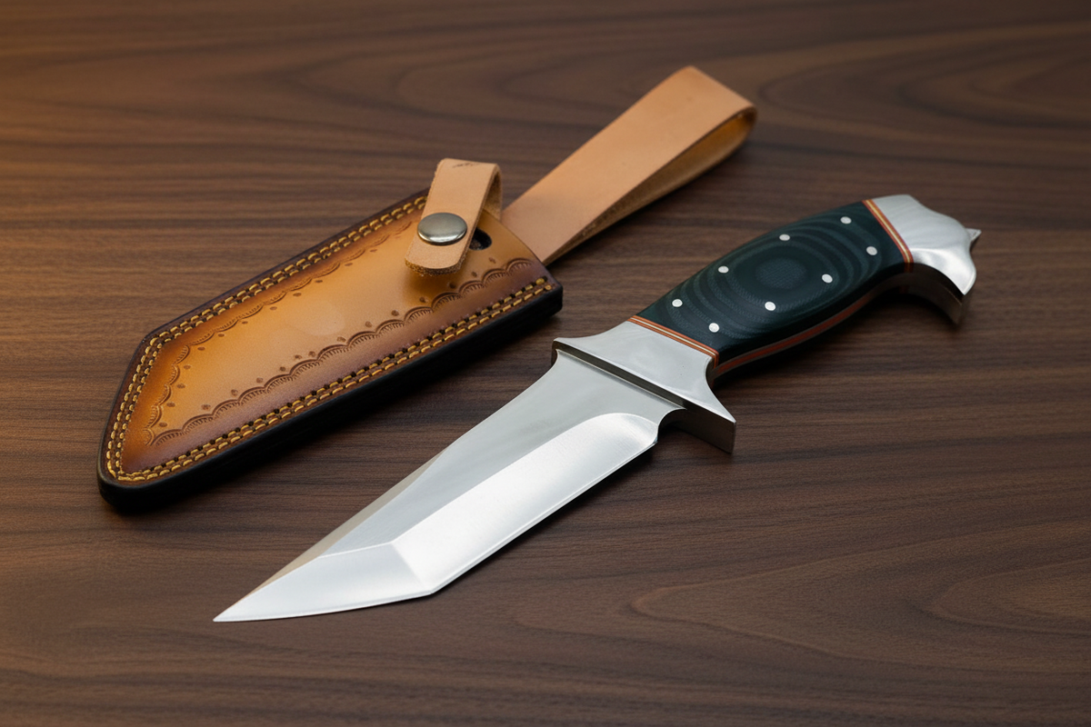 Knife with tanto blade on dark walnut background