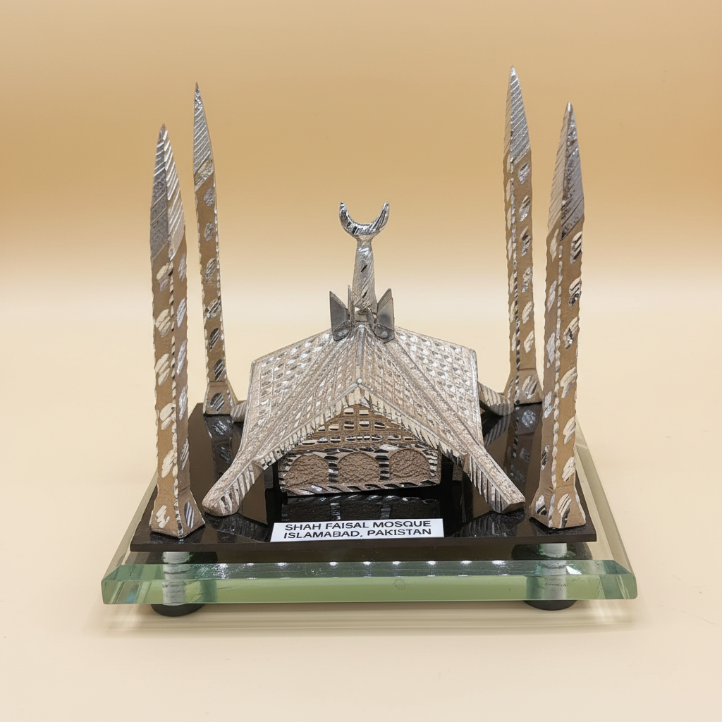 Shah Faisal Mosque Metal Sculpture - Islamic Home Decor | Handcrafted Silver Mosque Replica Art Piece
