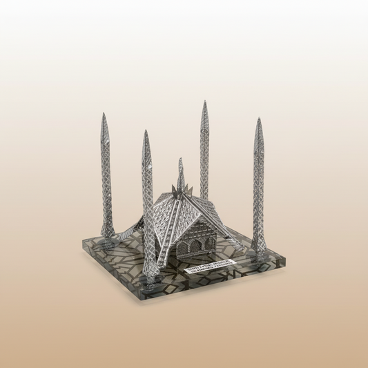 Shah Faisal Mosque Brass Sculpture - Islamic Home Decor | Handcrafted Silver Mosque Replica Art Piece