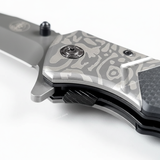 Tactical Camo Knife Detail White Background