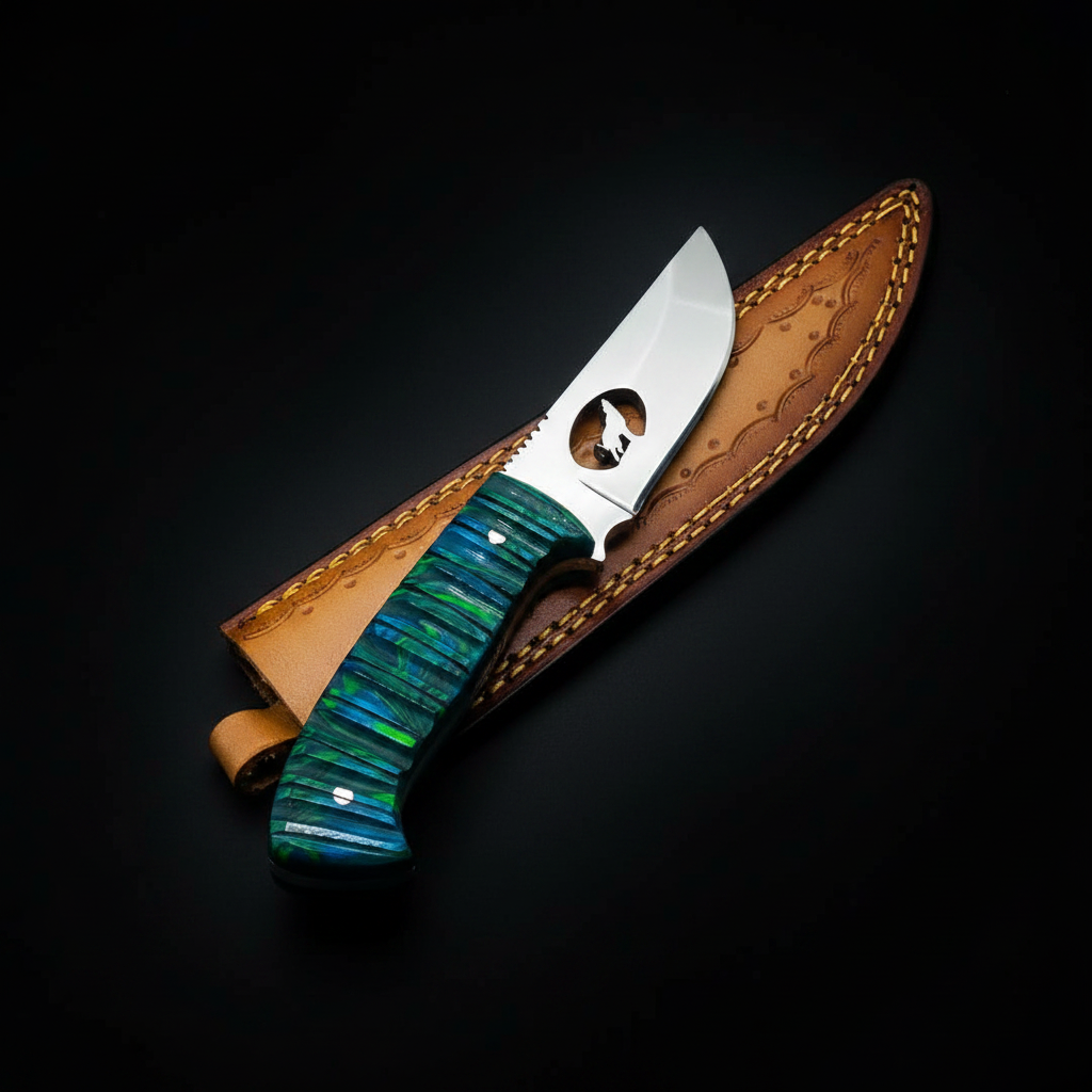 Teal green wolf knife crossed on black