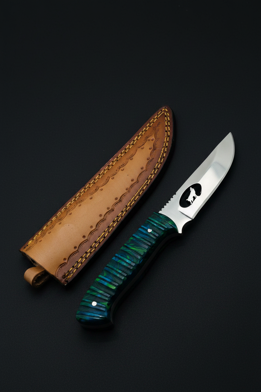 Teal green wolf knife side by side on black