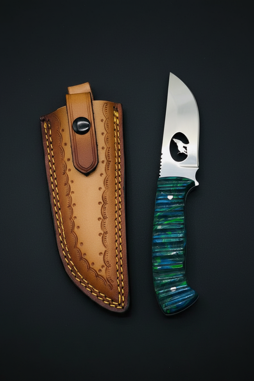 Teal green wolf knife upright on black