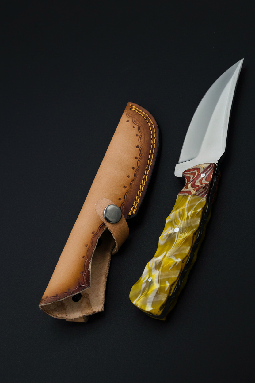 Yellow-gold resin knife upright on black